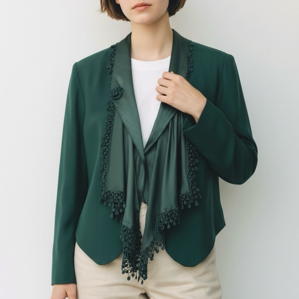 Wild Rose Vintage Blazer Draped Waterfall Satin Lapel Front with Lace Cropped